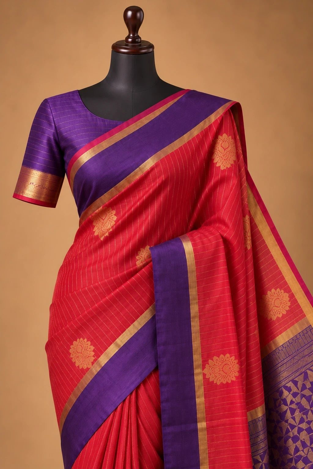 House Of Paramya pink and purple Kanchipuram silk saree with gold zari border and traditional floral motifs