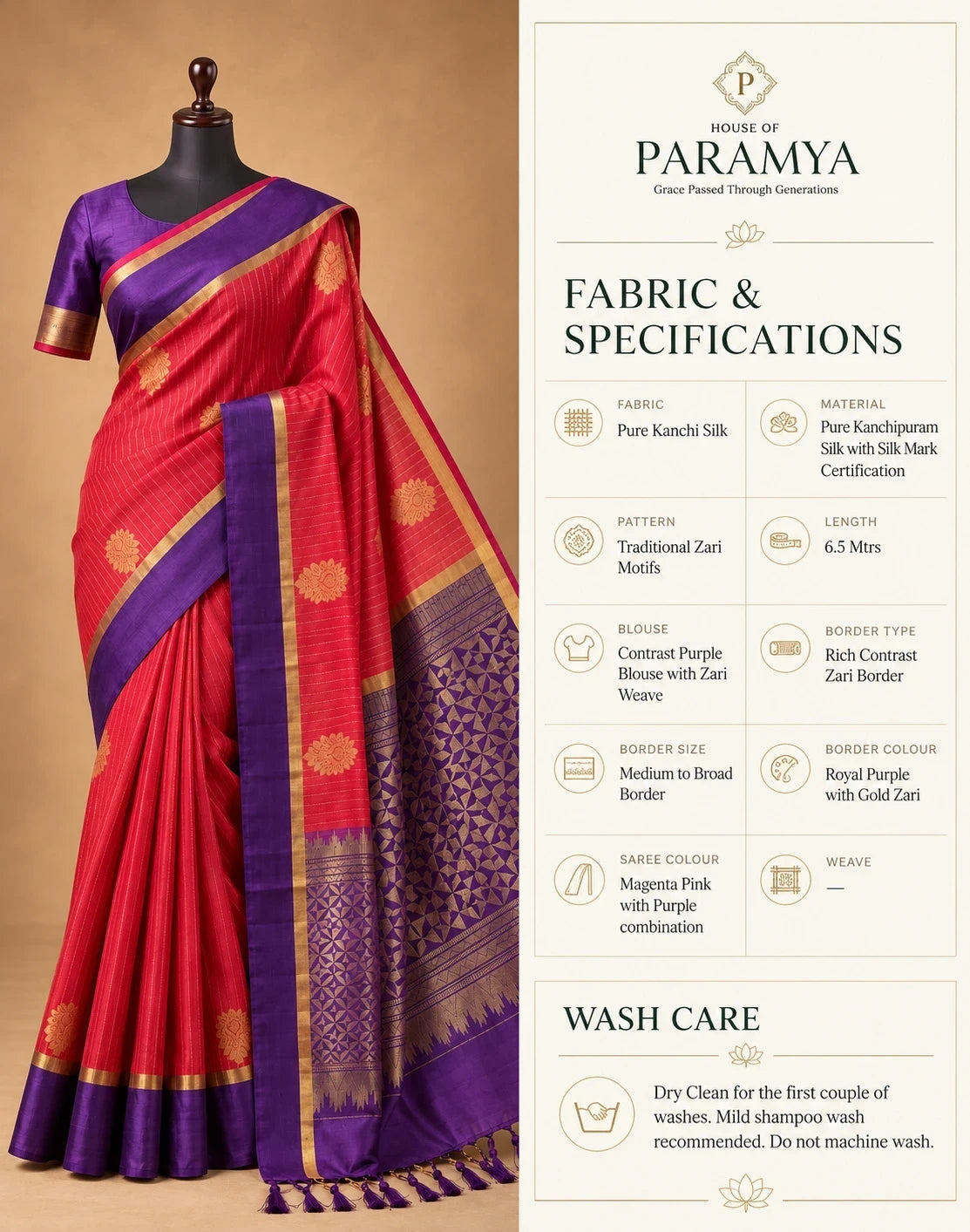 House Of Paramya pink and purple Kanchipuram silk saree with gold zari motifs and contrast border for weddings