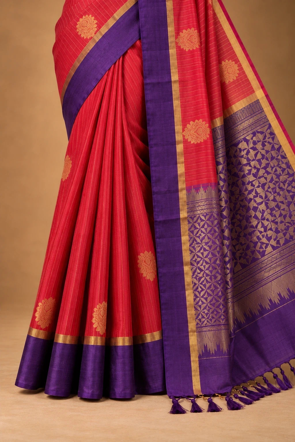 House Of Paramya pink Kanchipuram silk saree with purple zari border and intricate gold floral motifs