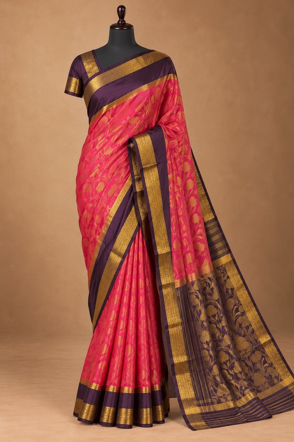 House Of Paramya pink and purple Mysore silk saree with intricate gold zari brocade weave and deep plum border
