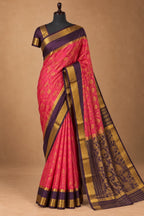 House Of Paramya pink and purple Mysore silk saree with intricate gold zari brocade weave and deep plum border