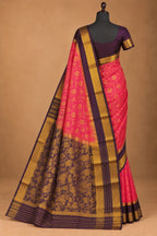 House Of Paramya Mysore silk saree in pink and purple with intricate gold zari brocade weave and deep plum border.