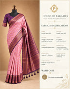 House Of Paramya pink semi Kanchipuram silk saree with woven chevron pattern and purple-maroon leaf motif border