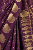 House Of Paramya plum raw silk saree with gold zari checks and intricate floral butta motifs for festive occasions