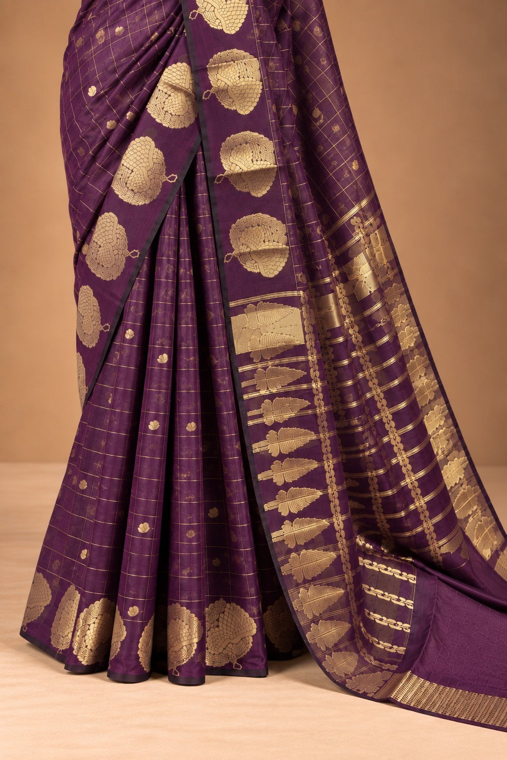 House Of Paramya plum raw silk saree with gold zari checks and floral motifs for festive occasions