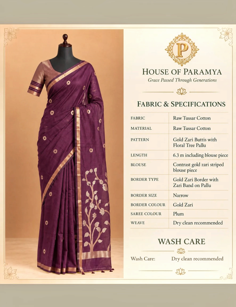 House Of Paramya plum raw tussar cotton saree with gold zari floral pallu, zari buttis, and striped blouse piece.