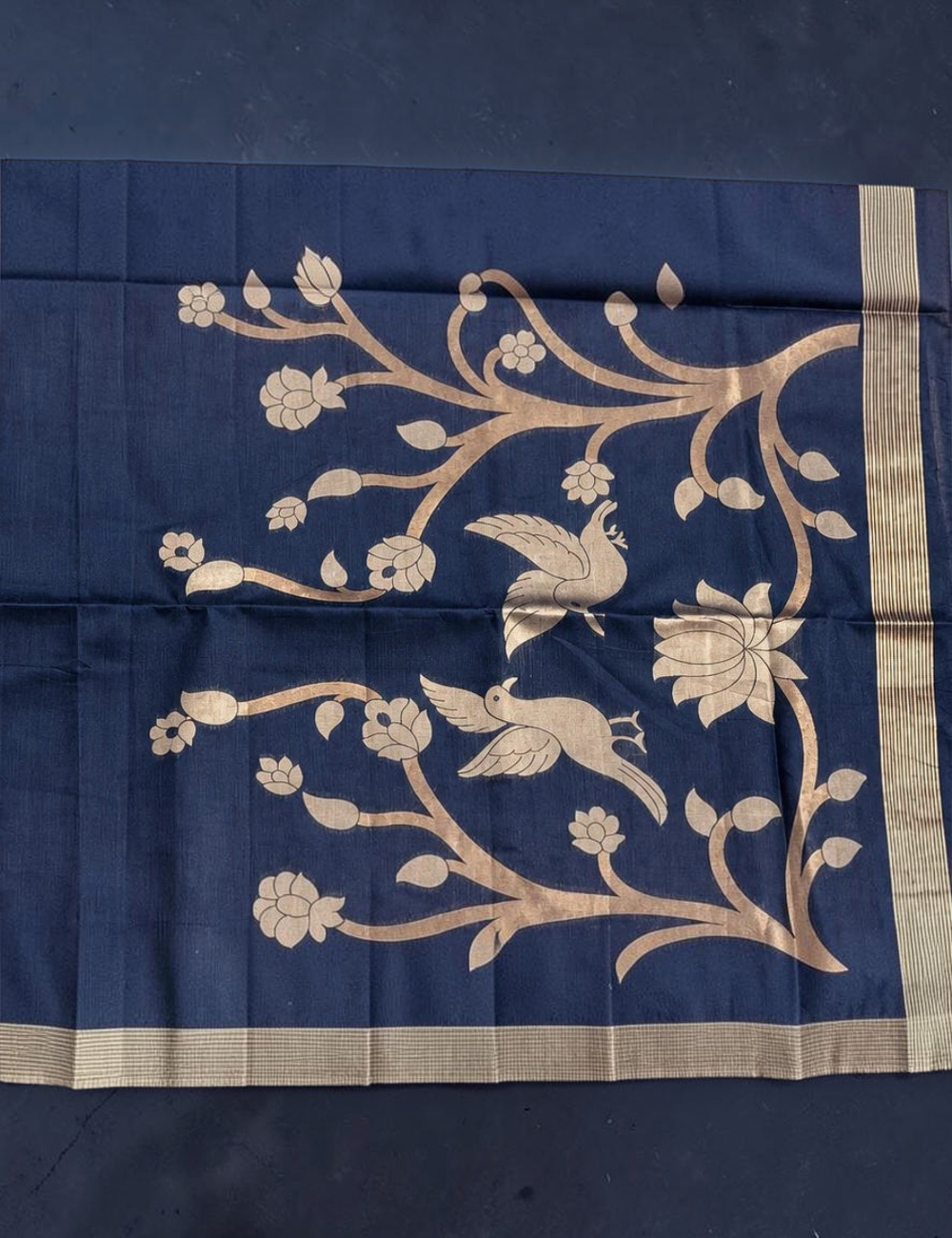House Of Paramya plum raw tussar cotton saree pallu with gold zari woven floral tree and bird motif