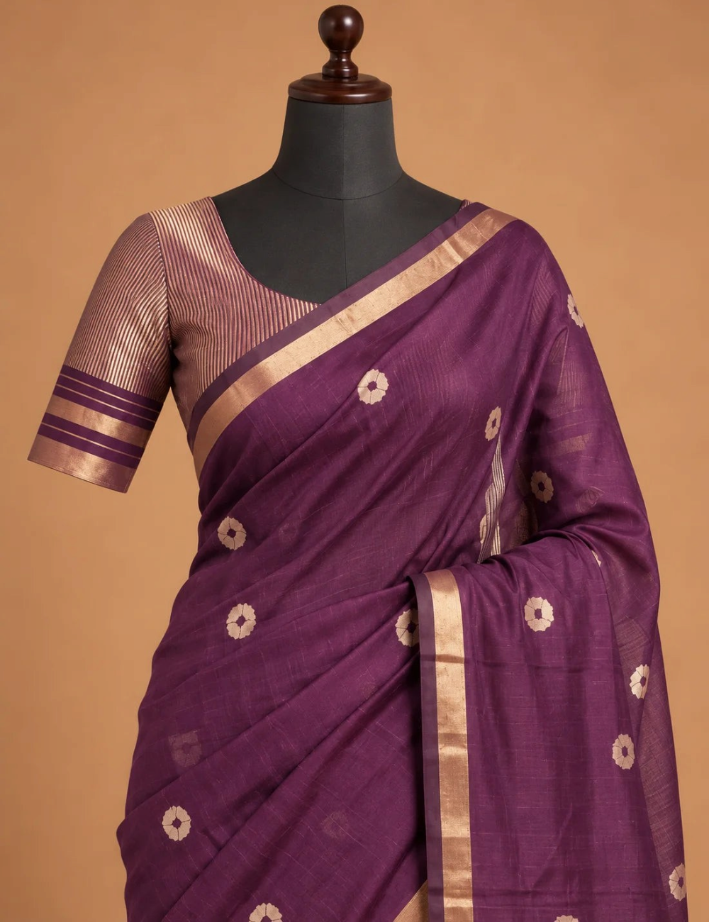 House Of Paramya plum raw tussar cotton saree with gold zari floral pallu, buttis, and a striped blouse piece.