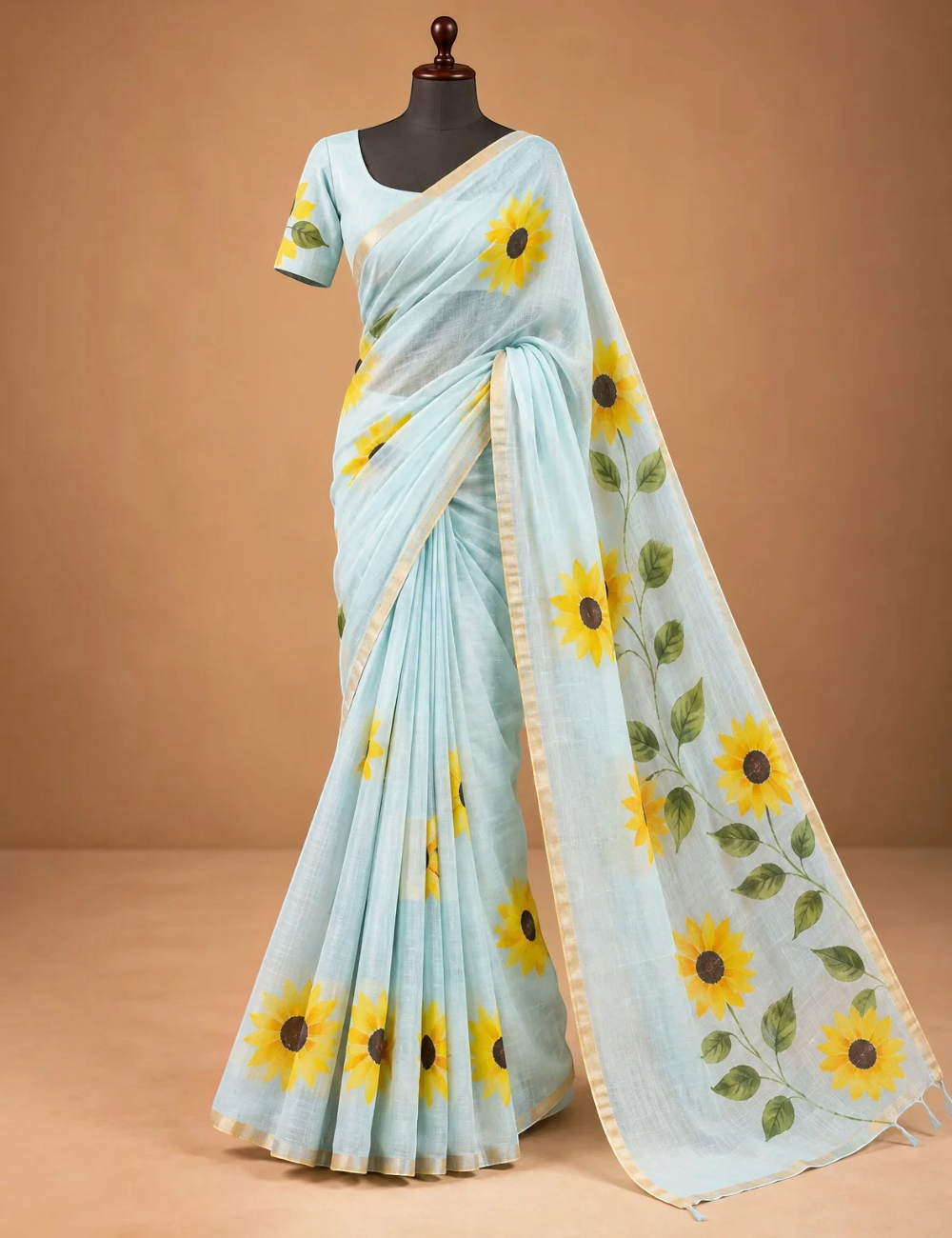 House Of Paramya powder blue linen cotton saree featuring vibrant sunflower prints and a delicate gold zari border.