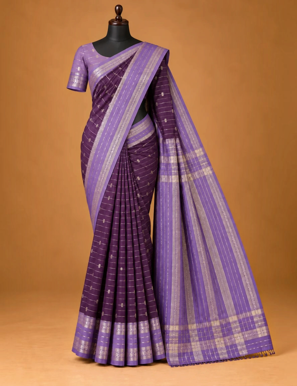 House Of Paramya purple Assam cotton saree with gold buti weave and striped border on a mannequin