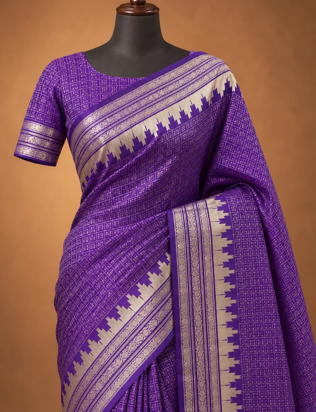 House Of Paramya purple Banarasi silk saree with diamond lattice weave and silver zigzag temple border on mannequin