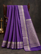 House Of Paramya purple Banarasi silk saree with silver temple border and self-toned diamond lattice weave pattern