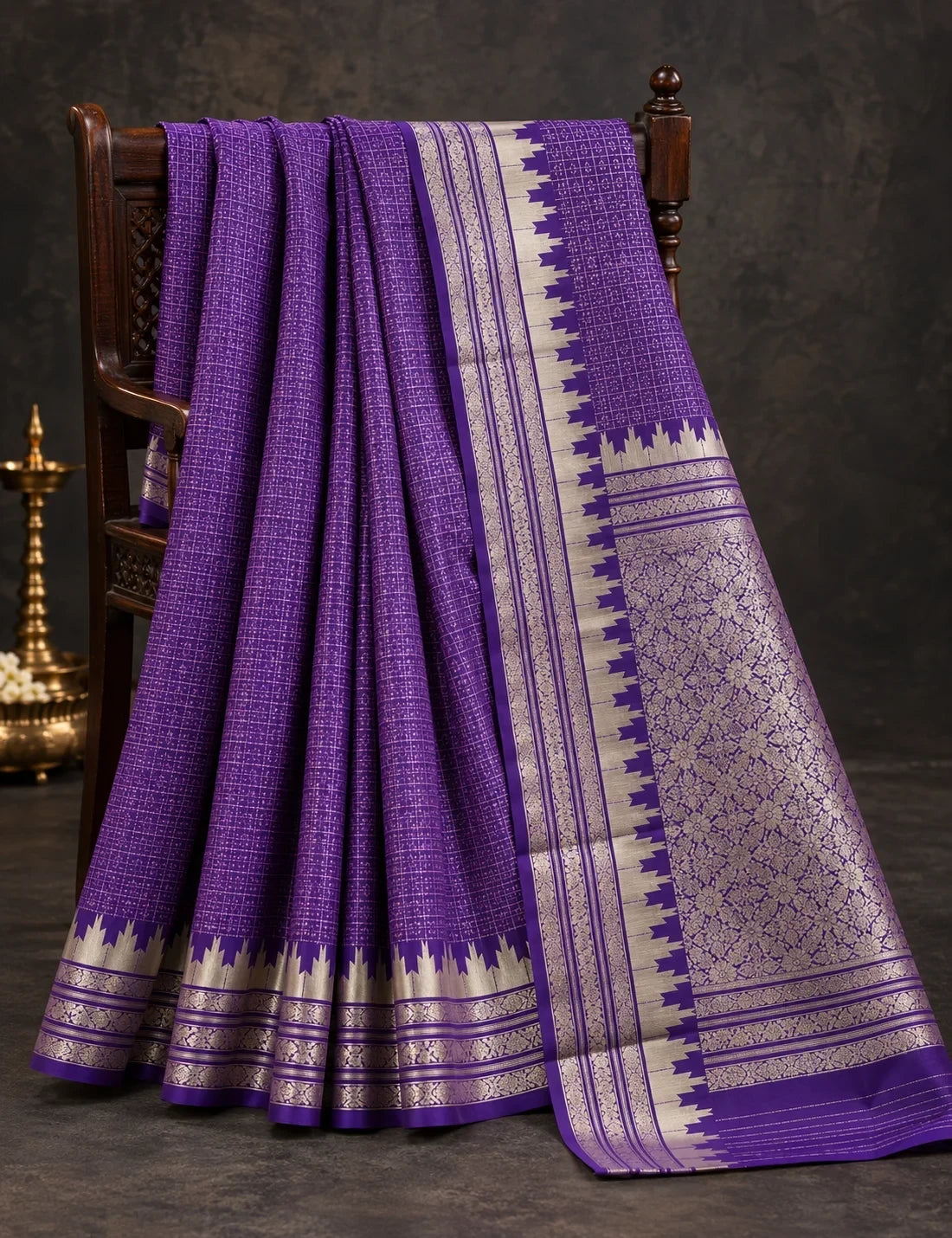 House Of Paramya purple Banarasi silk saree with silver temple border and self-toned diamond lattice weave pattern