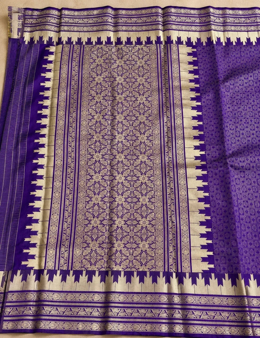 House Of Paramya purple Banarasi silk saree featuring a self-toned diamond lattice weave and silver temple border.