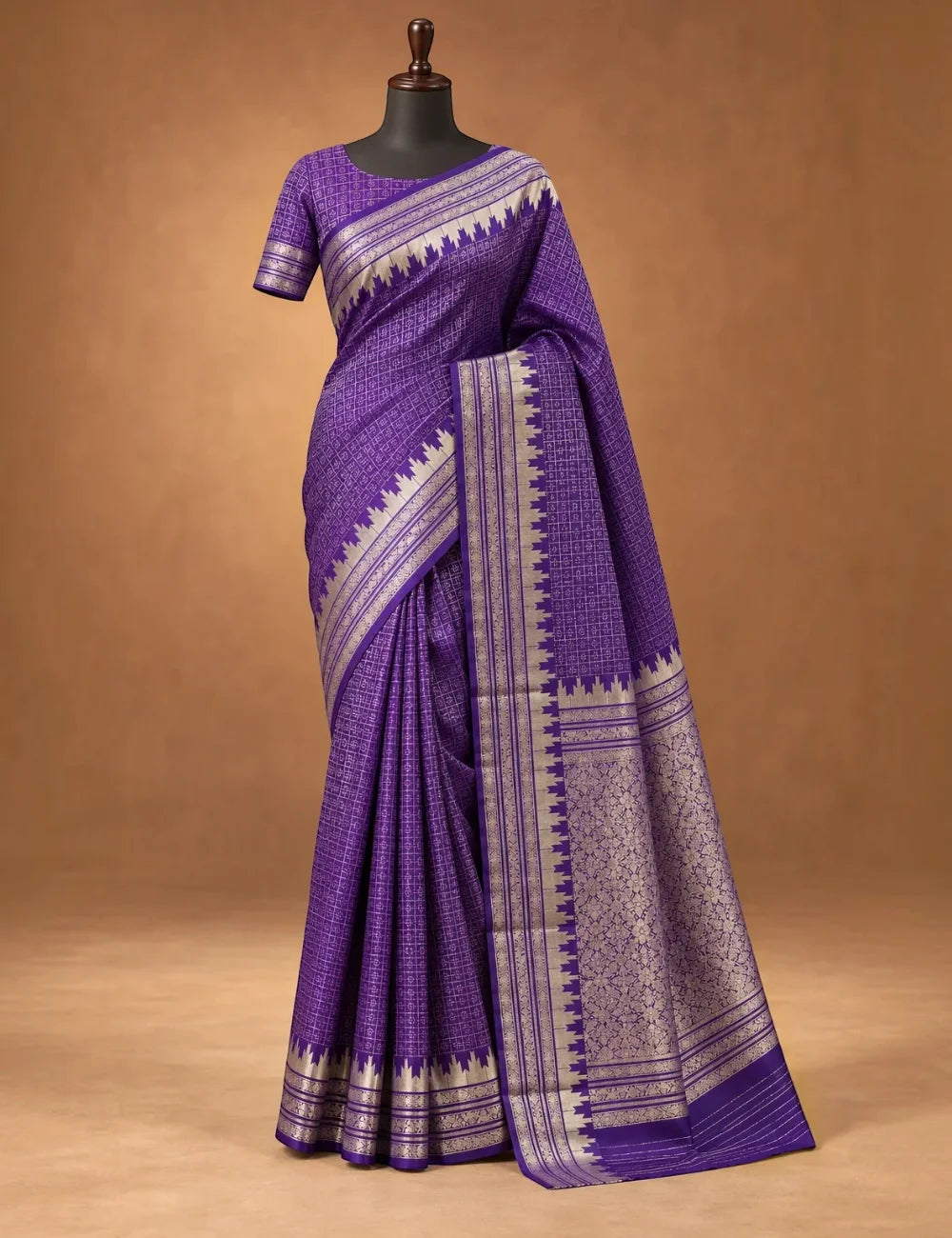 Banarasi Silk Saree - Purple with Self-Toned Diamond Weave & Silver Temple Border