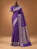 Banarasi Silk Saree - Purple with Self-Toned Diamond Weave & Silver Temple Border