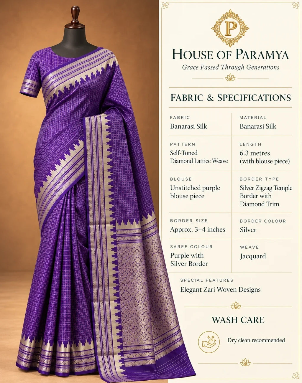 House Of Paramya purple Banarasi silk saree featuring a self-toned diamond lattice weave and silver temple border.