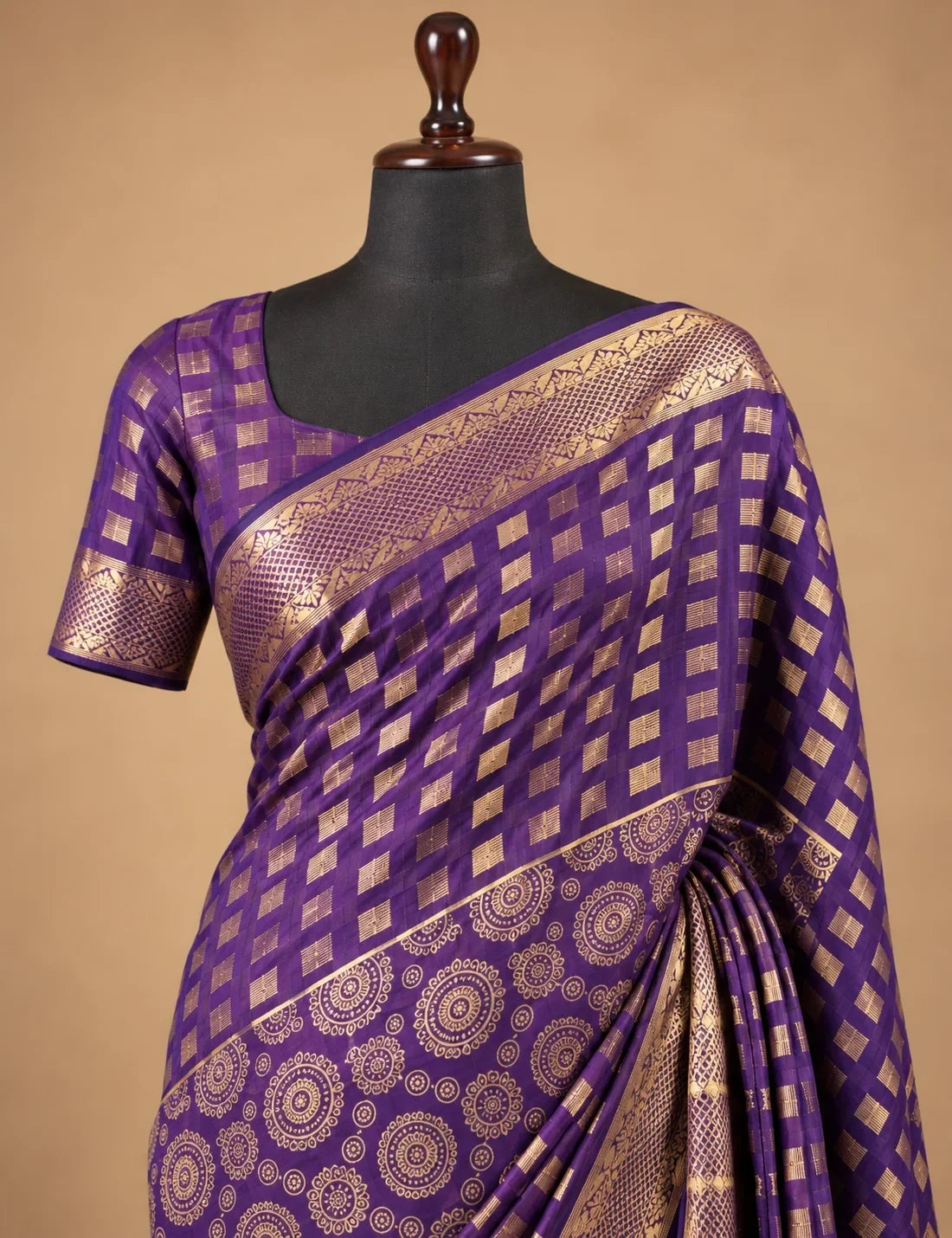 House Of Paramya deep purple Mysore crepe silk saree with gold zari border, mandala motifs, and checkered grid pattern.