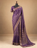 House Of Paramya deep purple Mysore crepe silk saree with gold zari border, mandala motifs, and checkered grid pattern.