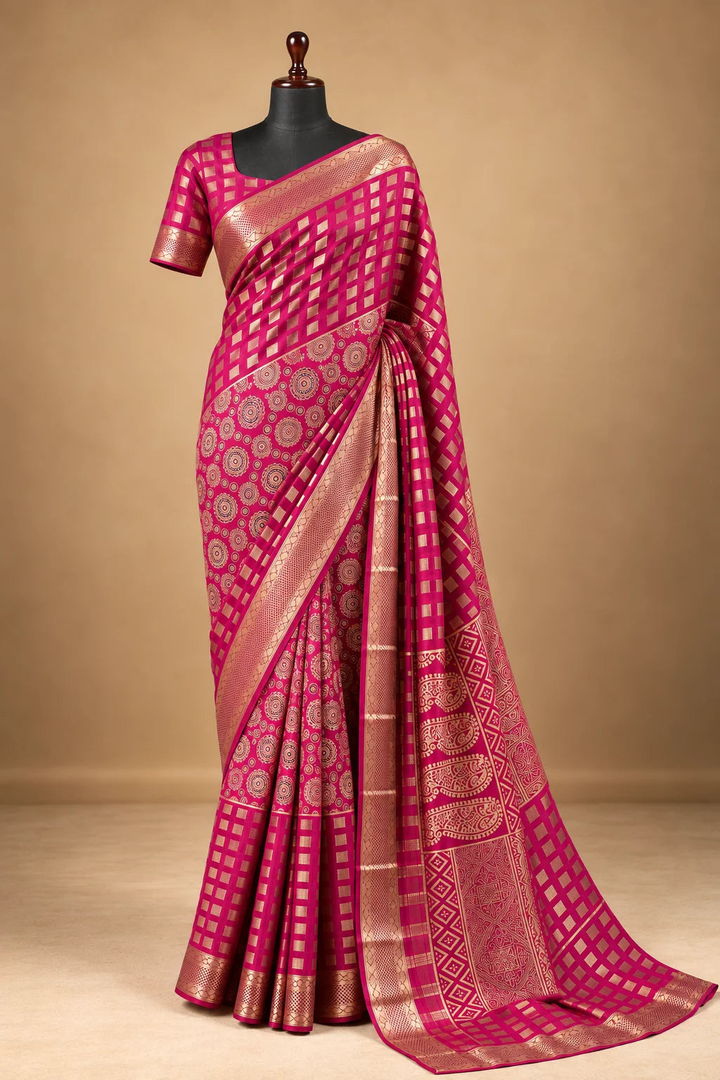 House Of Paramya deep purple Mysore crepe silk saree with gold zari border, mandala motifs, and checkered grid pattern.