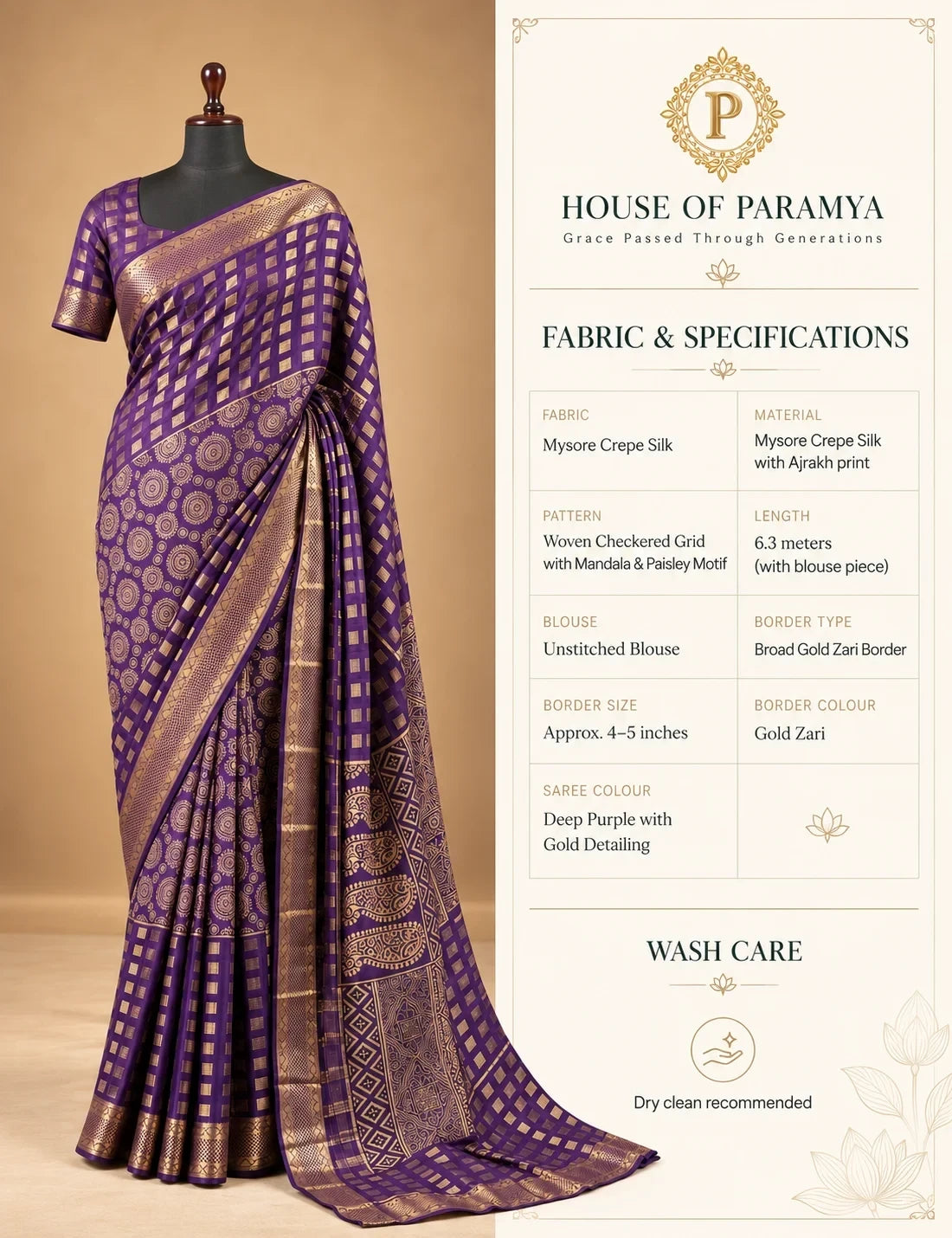 House Of Paramya deep purple Mysore crepe silk saree with gold woven checks, mandala motifs, and a broad zari border.
