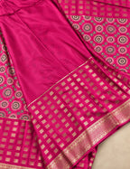 House Of Paramya deep purple Mysore crepe silk saree featuring woven checks, mandala motifs, and a gold zari border.