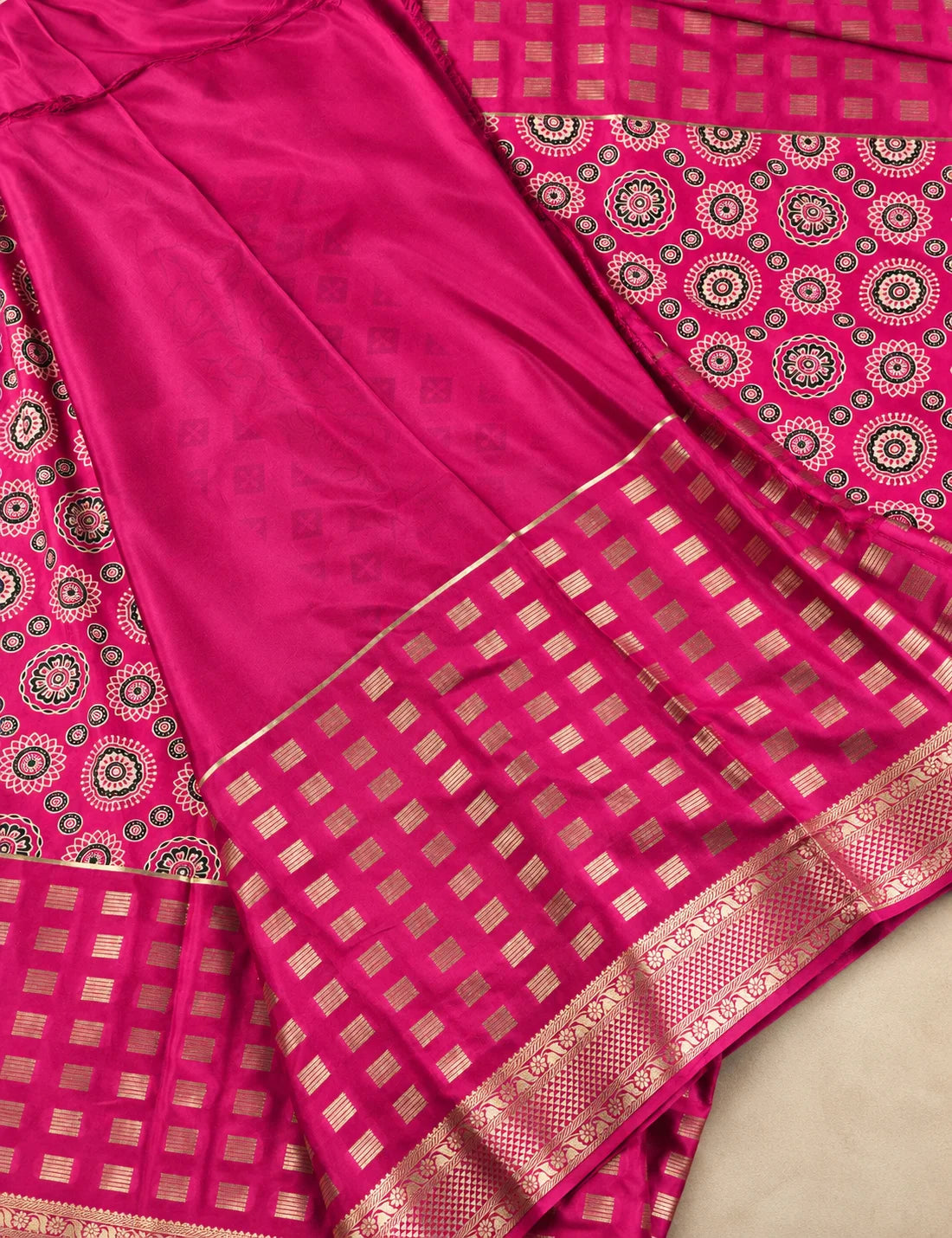 House Of Paramya deep purple Mysore crepe silk saree featuring woven checks, mandala motifs, and a gold zari border.