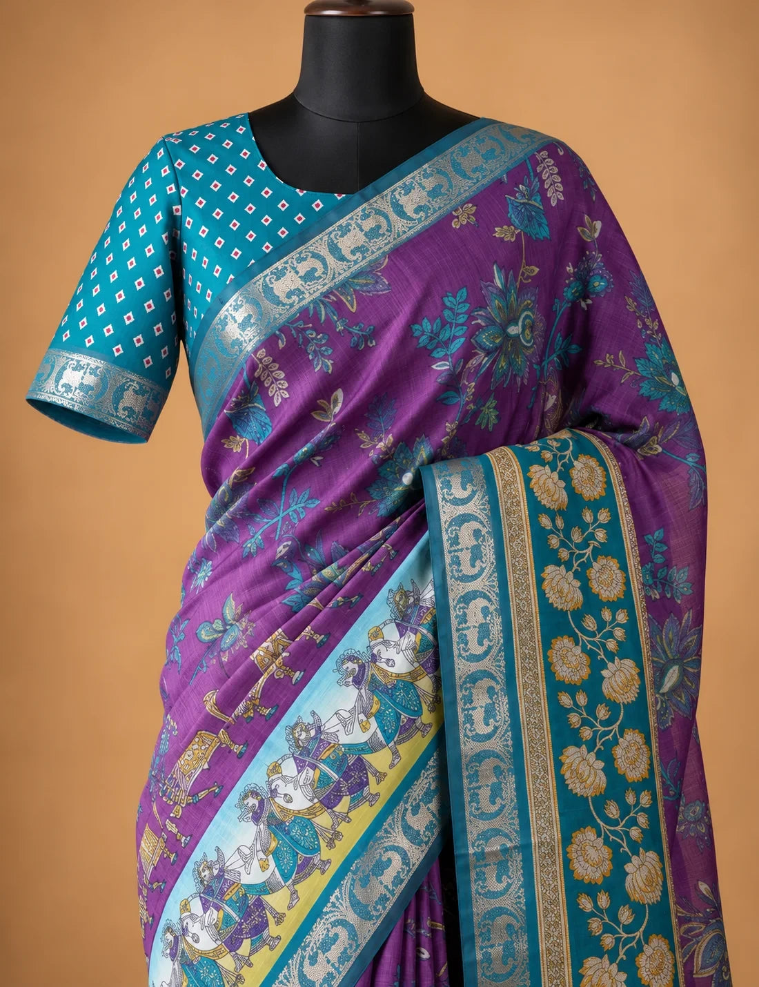 House Of Paramya purple linen silk saree with pen Kalamkari folk art, teal zari border, and matching printed blouse.