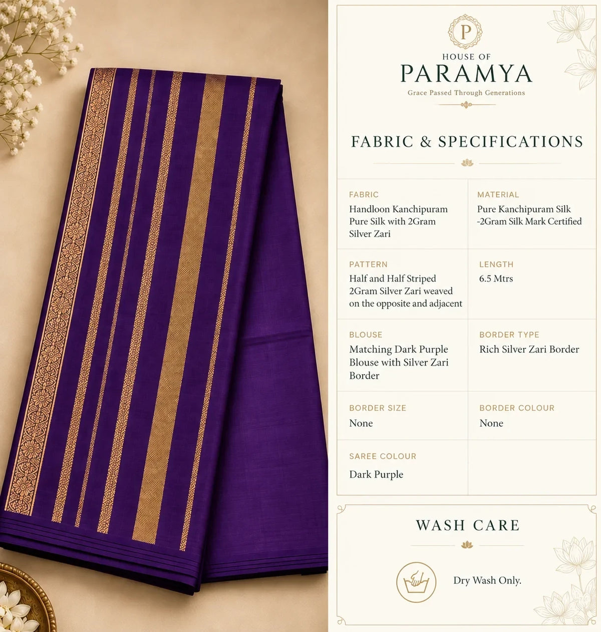 House Of Paramya dark purple pure Kanchipuram silk saree featuring elegant 2gram silver zari striped weaving.