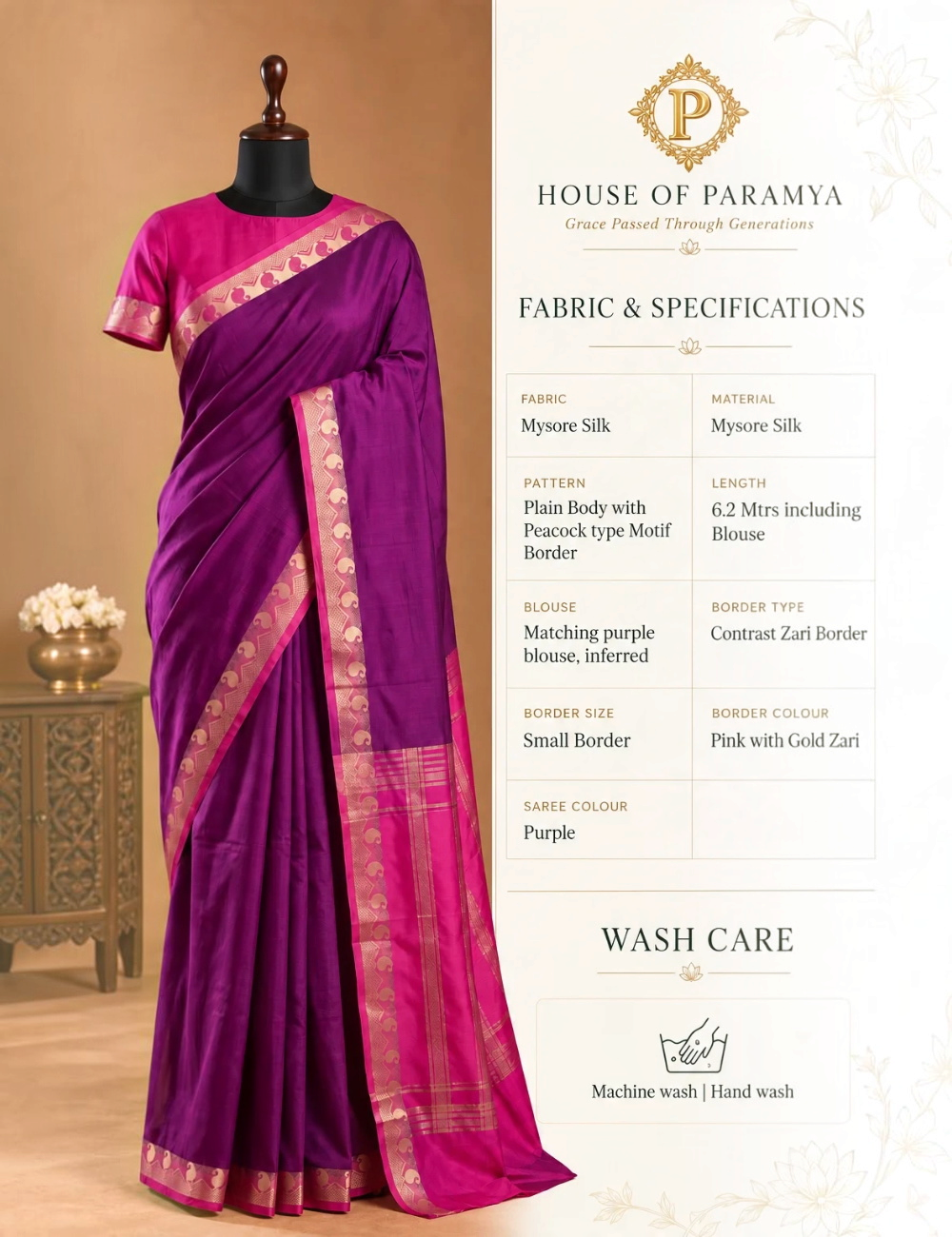 House Of Paramya purple Mysore silk saree with a plain body and a pink contrast zari border featuring peacock motifs.