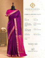 House Of Paramya purple Mysore silk saree with a plain body and a pink contrast zari border featuring peacock motifs.