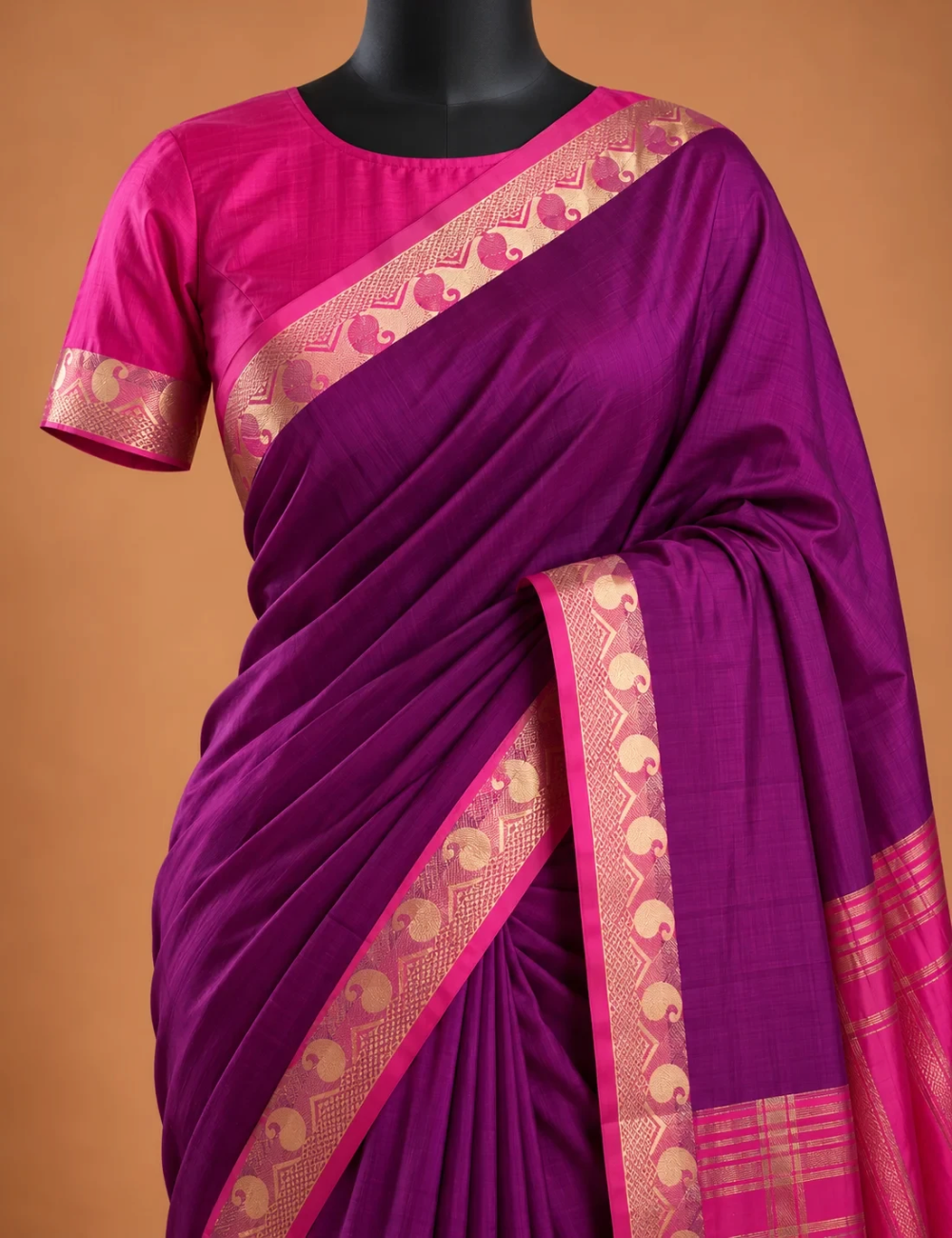 House Of Paramya purple Mysore silk saree with plain body, pink contrast zari border, and peacock motifs.