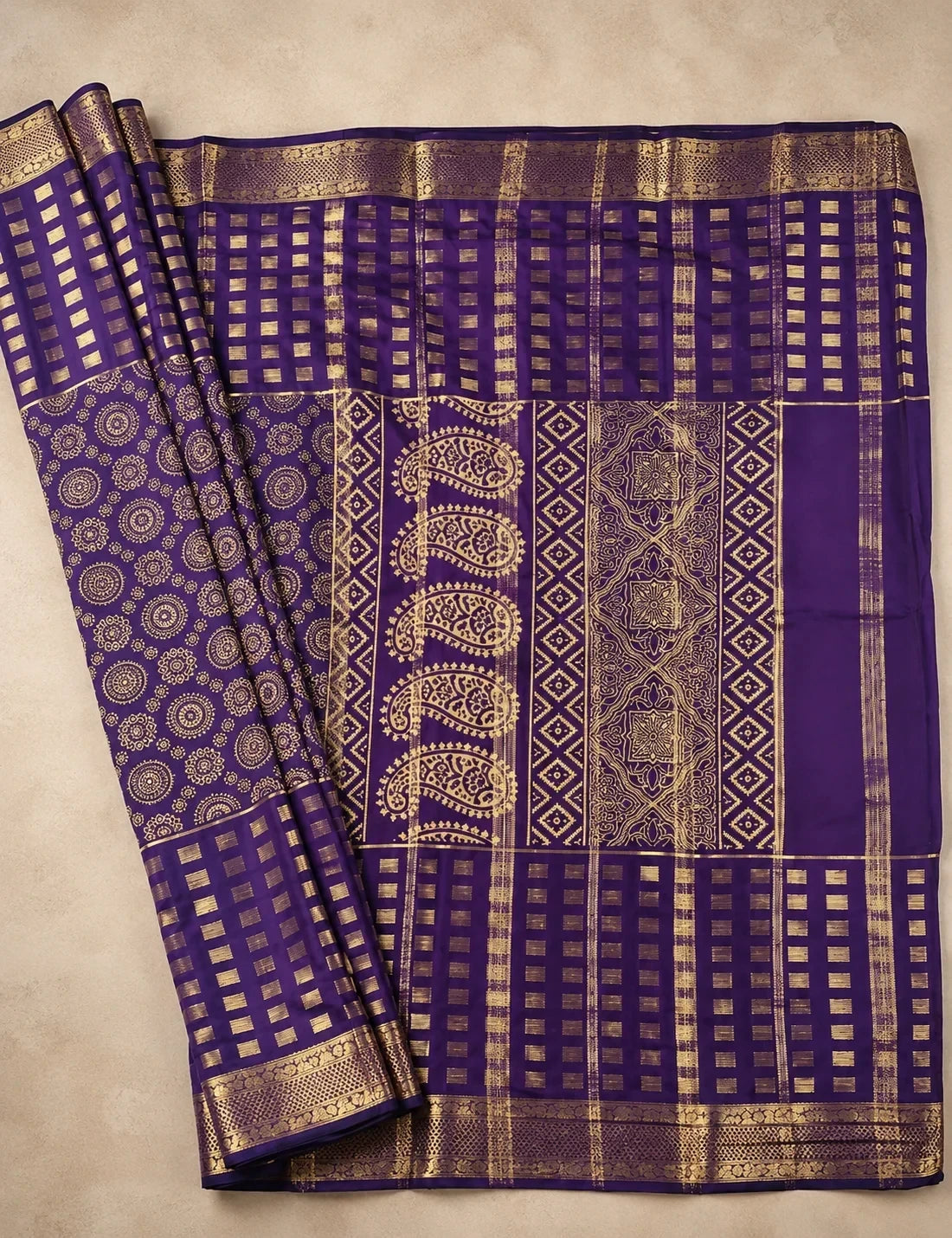 House Of Paramya deep purple Mysore crepe silk saree featuring gold woven checks, mandala motifs, and paisley pallu.