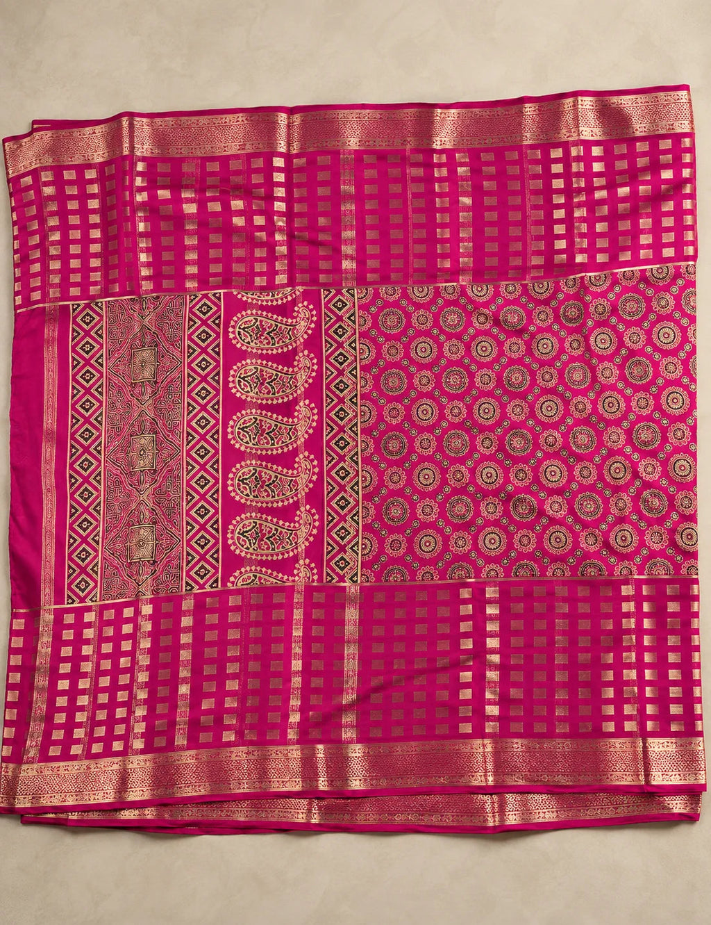 House Of Paramya deep purple Mysore crepe silk saree with gold zari border, mandala motifs, and paisley pallu design.