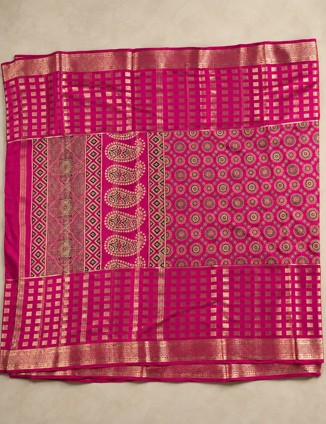 House Of Paramya deep purple Mysore crepe silk saree with gold zari border, mandala motifs, and paisley pallu design.