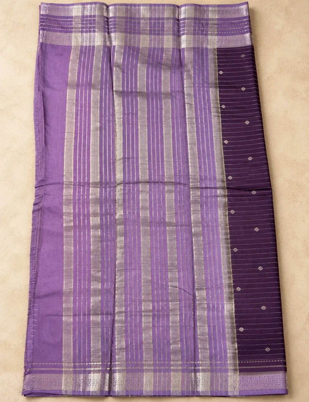 House Of Paramya purple Assam cotton saree with silver striped pattern and gold buti weave on a dark contrast border