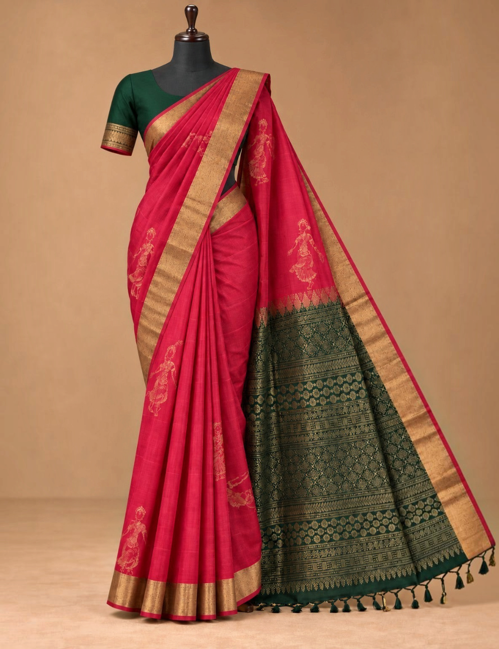 House Of Paramya rani pink Kanchipuram silk saree with emerald green zari border and traditional handwoven motifs.