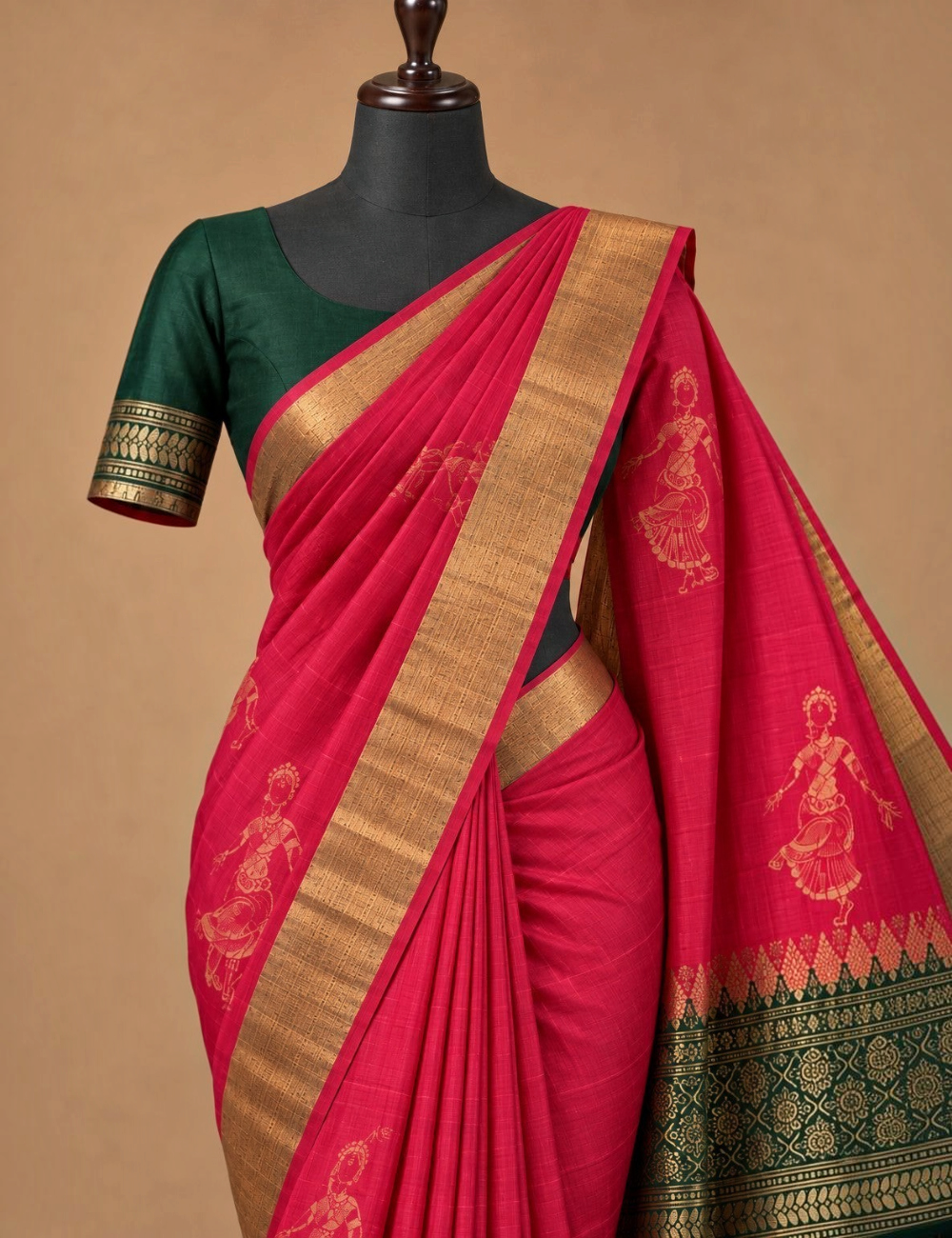 House Of Paramya Rani pink Kanchipuram silk saree with emerald green zari border and traditional handwoven motifs.