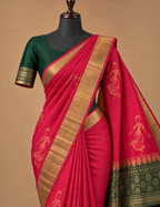 House Of Paramya Rani pink Kanchipuram silk saree with emerald green zari border and traditional handwoven motifs.
