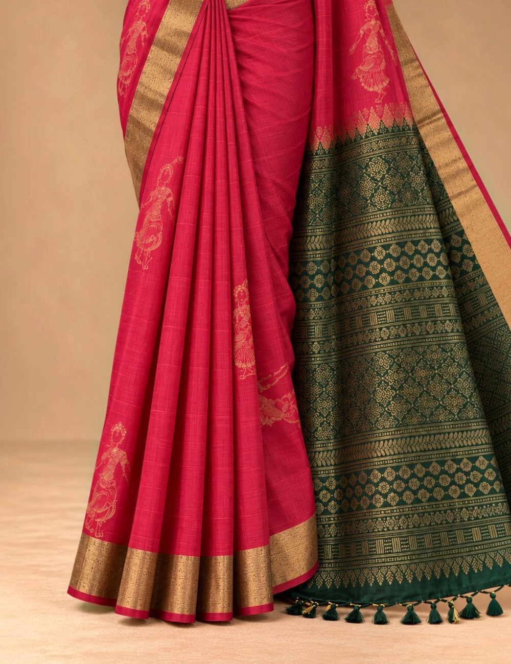 House Of Paramya rani pink Kanchipuram silk saree with emerald green zari border and traditional gold motif details.