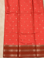 House Of Paramya red Assam cotton saree featuring horizontal gold zari stripes and intricate gold buti weave details.