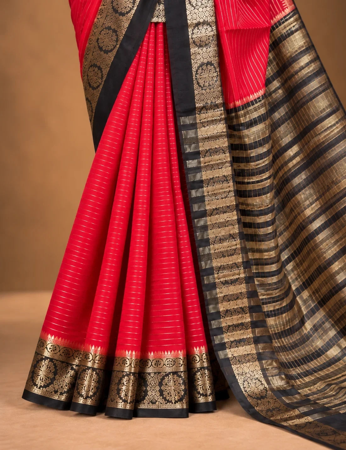 House Of Paramya red and black Mysore crepe silk saree with gold floral medallion border and pinstripe details.