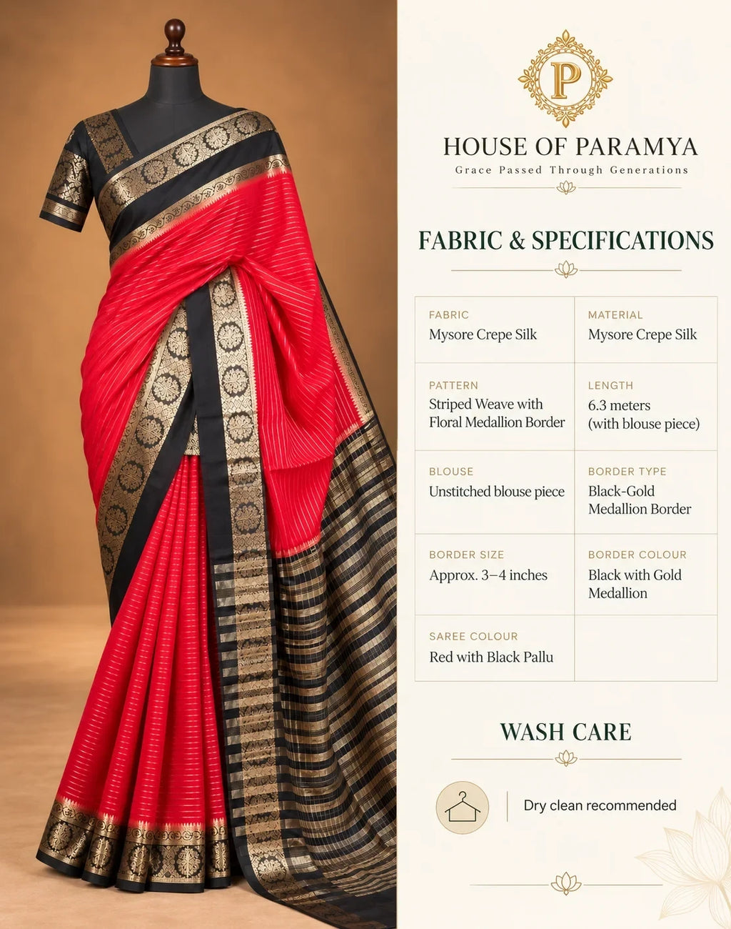 House Of Paramya red and black Mysore crepe silk saree with gold floral medallion border and vertical pinstripes.