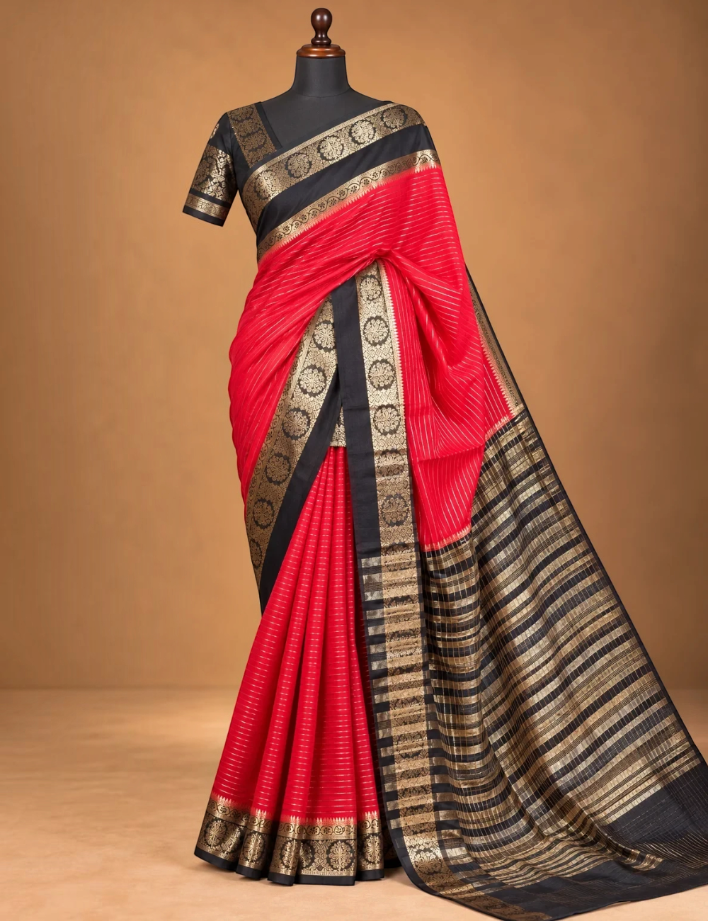 House Of Paramya red and black Mysore crepe silk saree with gold floral medallion border and vertical pinstripes.