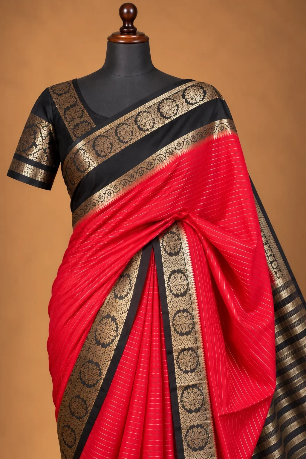 House Of Paramya red and black Mysore crepe silk saree with gold floral medallion border and vertical pinstripes.