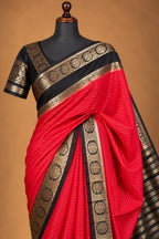 House Of Paramya red and black Mysore crepe silk saree with gold floral medallion border and vertical pinstripes.