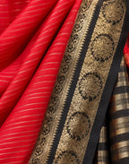 House Of Paramya red and black Mysore crepe silk saree with gold floral medallion border and fine pinstripe detail