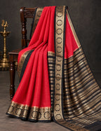 House Of Paramya red and black Mysore crepe silk saree with gold floral medallion border and pinstripe details.