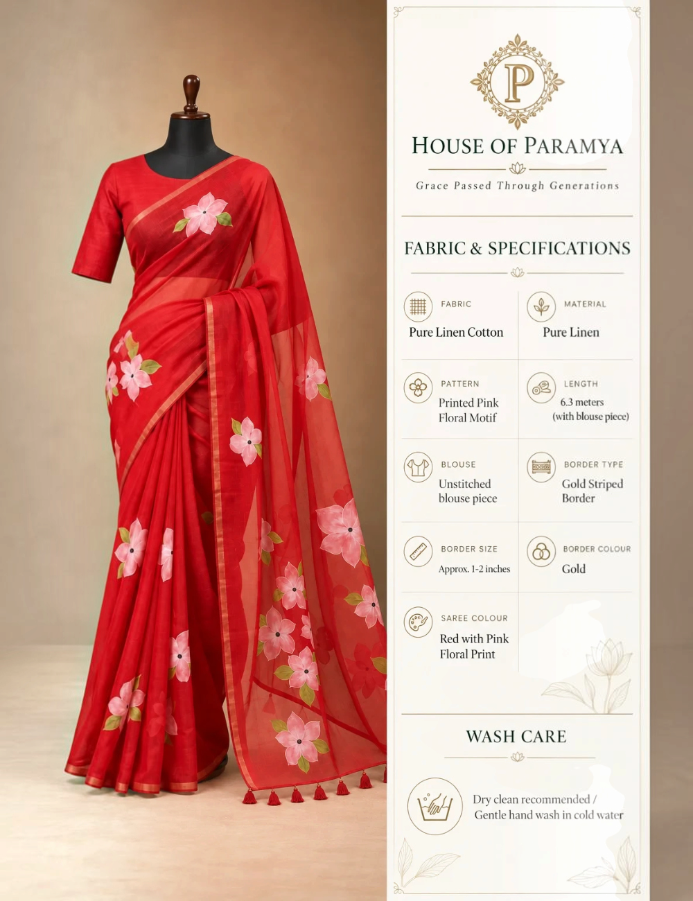 House Of Paramya red linen cotton saree featuring a pink floral print and an elegant gold striped border.