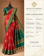 House Of Paramya red semi Kanchipuram silk saree with gold floral jaal, bottle green pallu, and gold zari border.